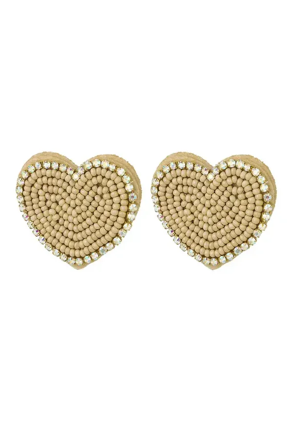 Kralen oorbellen hart met strass Beige Glas