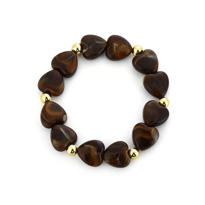 Kralenarmband 'Cozy Hearts' – Coffee Brown & Gold