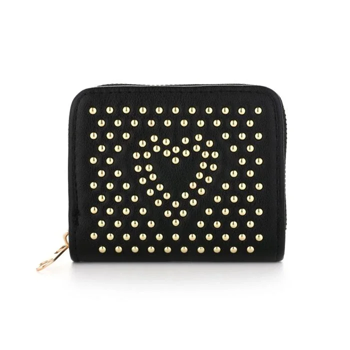 Millie Wallet – Zwarte Portemonnee met Gouden Hart-Studs
