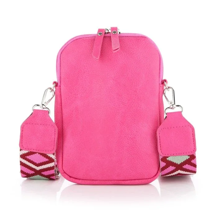 Trendy Crossbody Telefoontas – Fushia – Met Geweven Boho-Stijl Schouderband