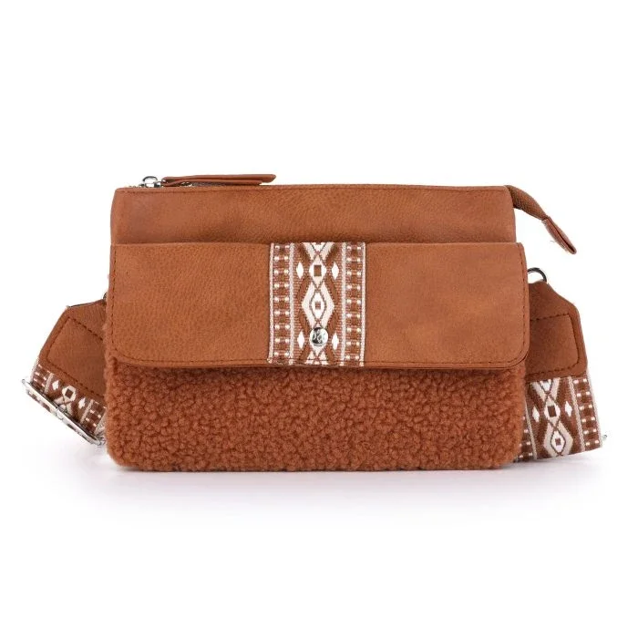 Trendy Schoudertas met Teddy-stof en Aztec-print – Inclusief Bagstrap