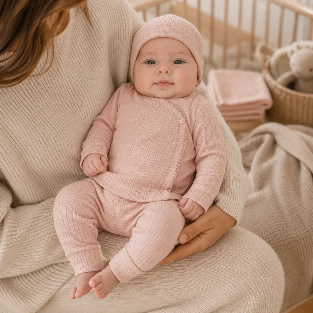 Dirkje meisjes baby bio longsleeve broek mutsje zachtroze (Maat 44)
