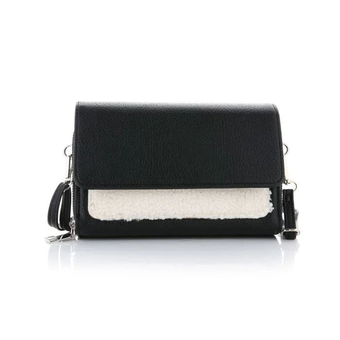 Trendy Telefoontasje: Zwart Lederlook met Witte Teddy Accent