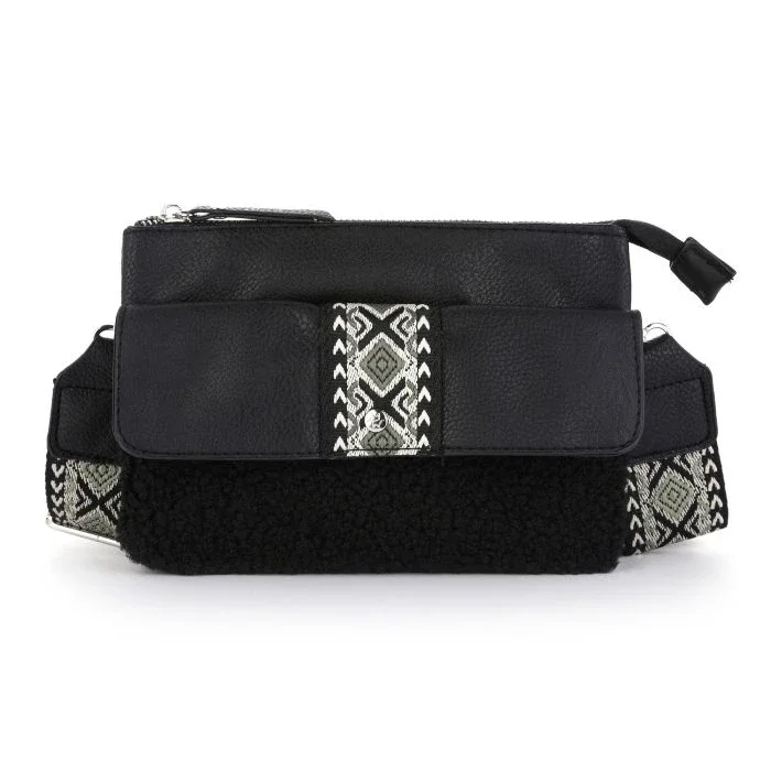 Trendy Schoudertas met Teddy-stof en Aztec-print – Inclusief Bagstrap (zwart)