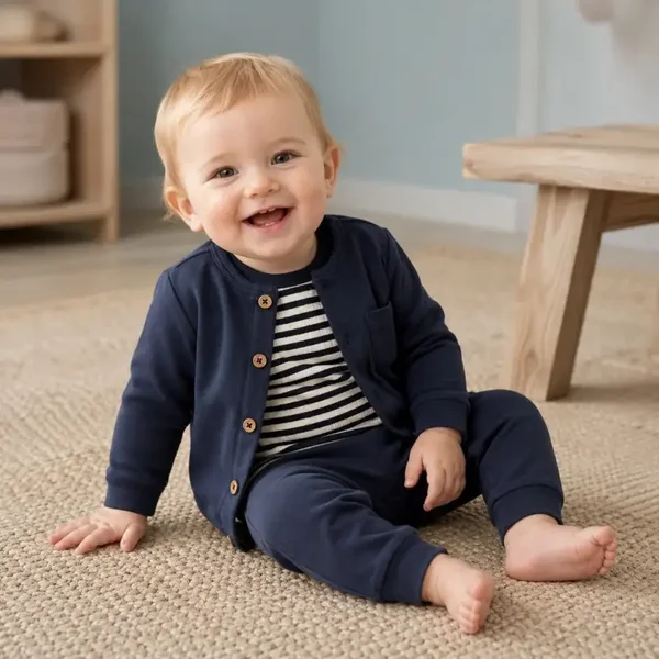 Dirkje jongens baby bio longsleeve, vest en broek donkerblauw (Maat 50)