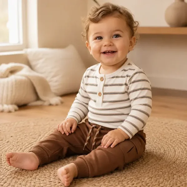 Dirkje jongens baby bio longsleeve off white bruin gestreept (Maat 50)