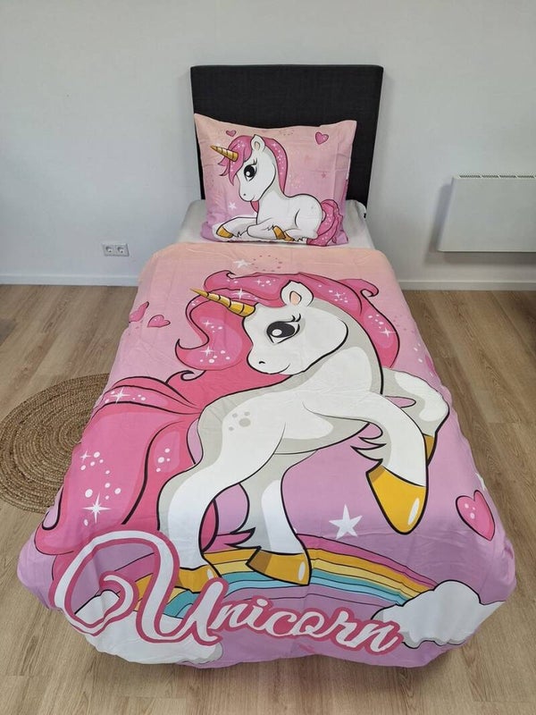 Dekbedovertrek Unicorn - Rainbow - Roze - Microvezel - Eenpersoons - 140x200 + 60x70 cm