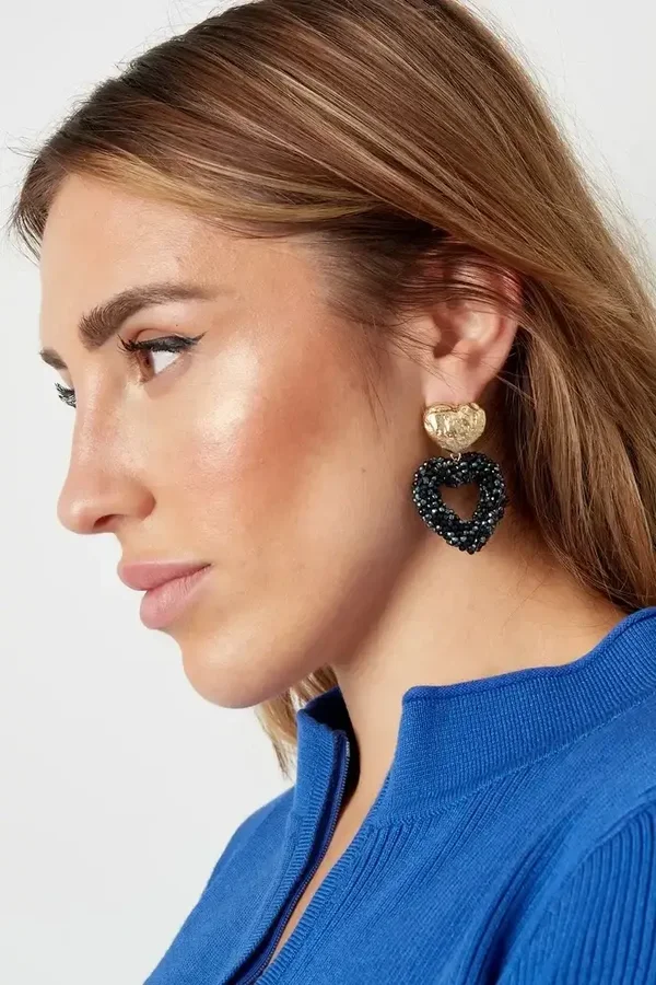 Oorbellen hart van kralen - goud/zwart