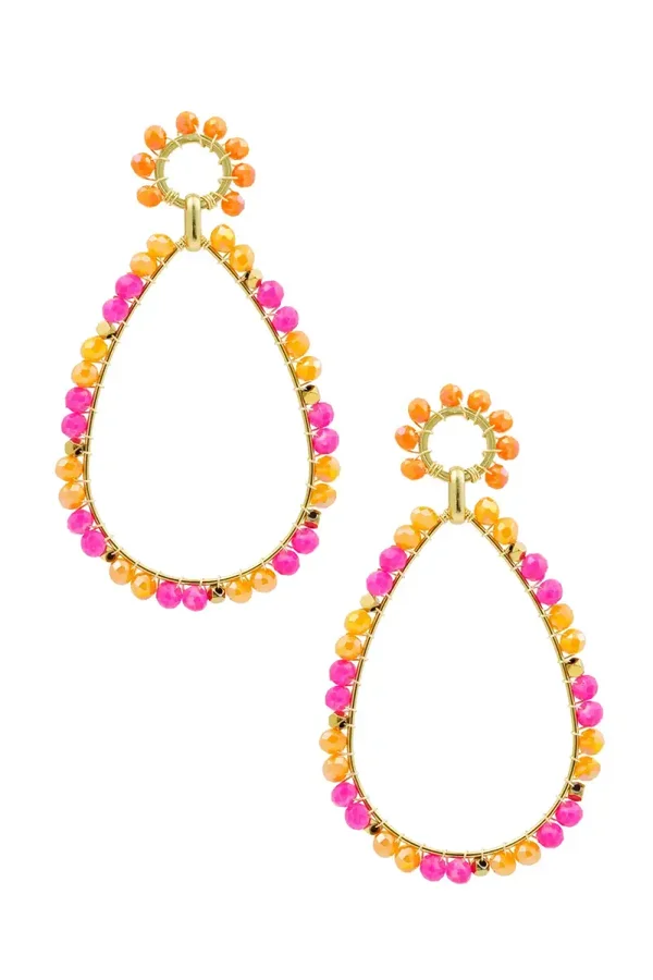 Oorbellen druppel hanger met kralen oranje/roze
