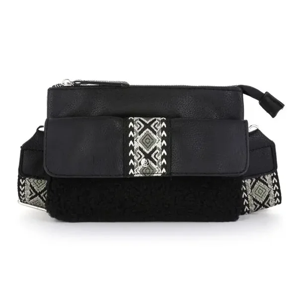 Trendy Schoudertas met Teddy-stof en Aztec-print – Inclusief Bagstrap (zwart)