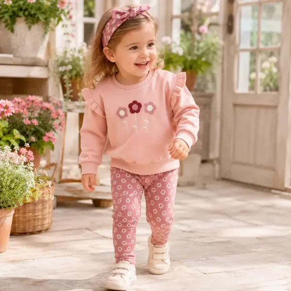 Dirkje set van truitje, broekje en bijpassend haarbandje misty rose (Maat 74)