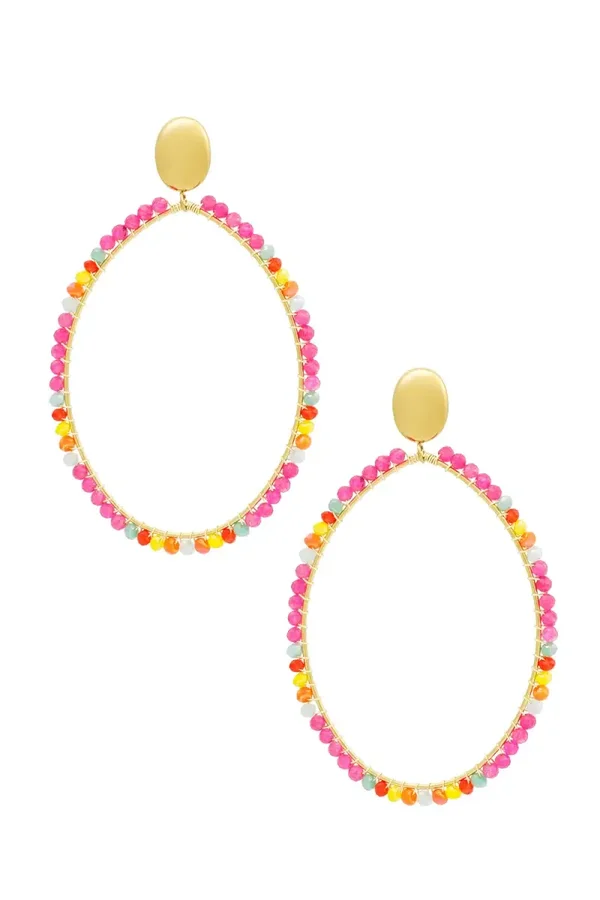 oorbellen ovale hanger groot met kralen  Roze Multi