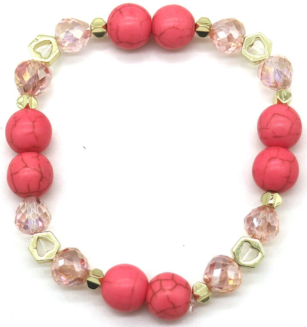 Armband Dames - Kralen - Roze - Goudkleurig - Elastisch