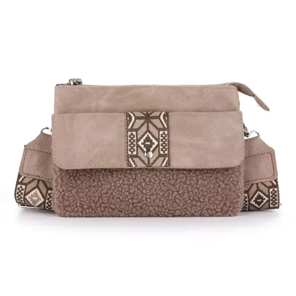 Trendy Schoudertas met Teddy-stof en Aztec-print – Inclusief Bagstrap (taupe)