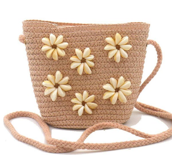 🌸 Schattig Boho Kindertasje met Schelpbloemen – Beige/Naturel