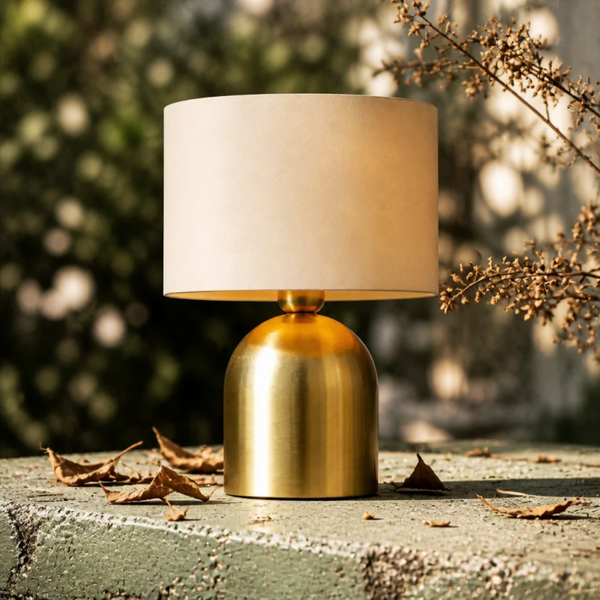 Machiah - Lampe en métal dorée design à poser et abat-jour