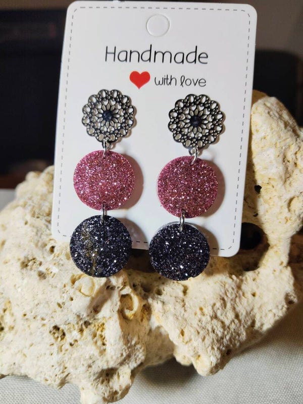 Glitzernde Statement-Ohrhänger "Schwarz & Rosé"