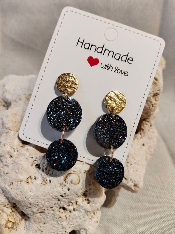 Handgefertigte Dangle-Ohrringe „Schwarz/bunter Glitzer & Gold“
