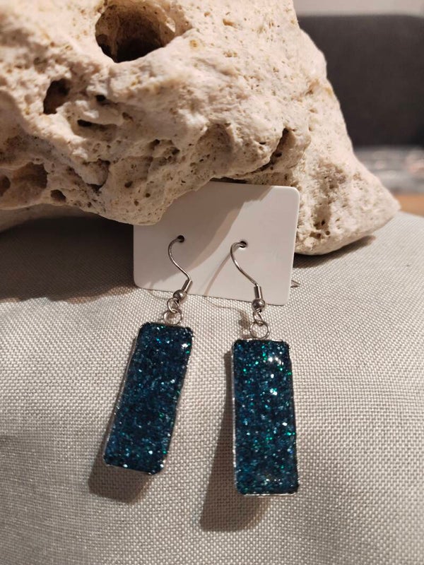 Funkelnde Ozeanblau-Glitzer Hängeohrringe | Rechteckiger Statement-Schmuck Silberfarben