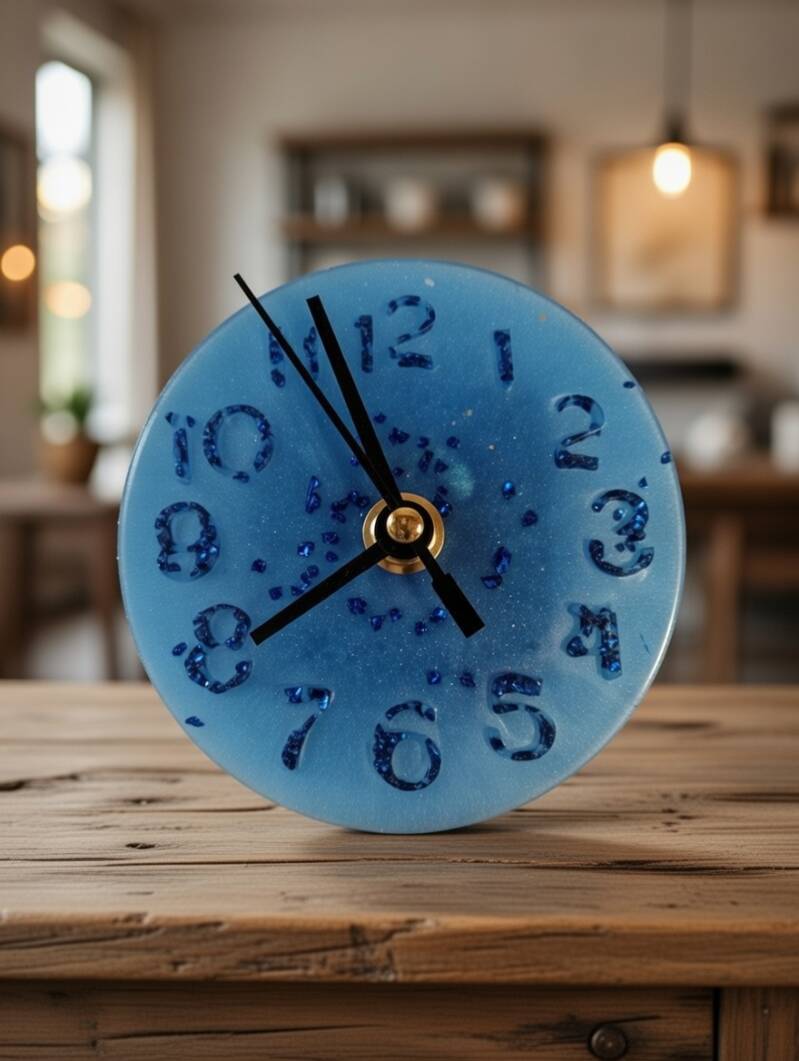 Kleine Wanduhr mit blauen Ministeinen 
