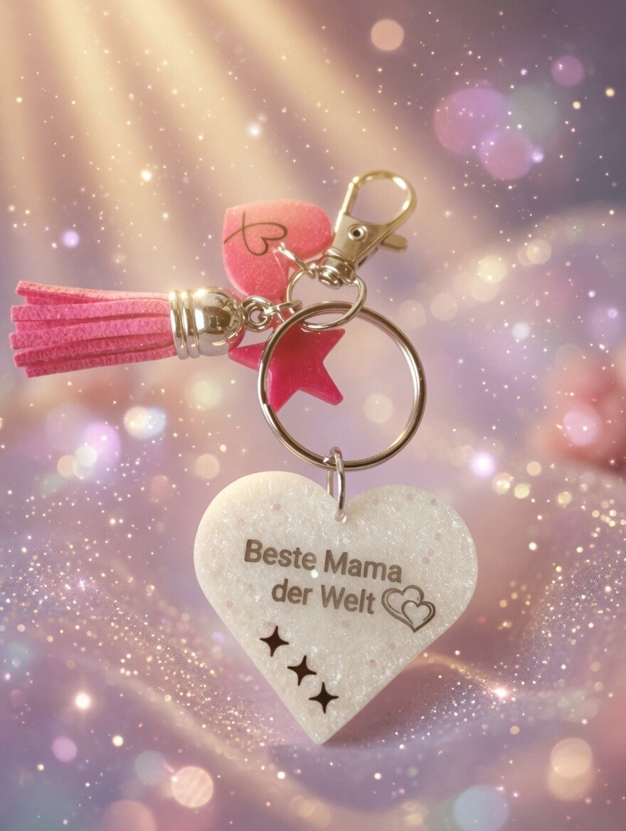 Mamas Herzschlag: Glitzernder Schlüsselanhänger „Beste Mama der Welt“