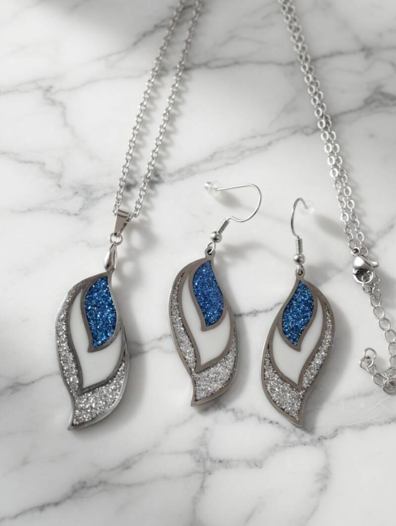 Schmuckset in weiß/blau und silber Glitter 