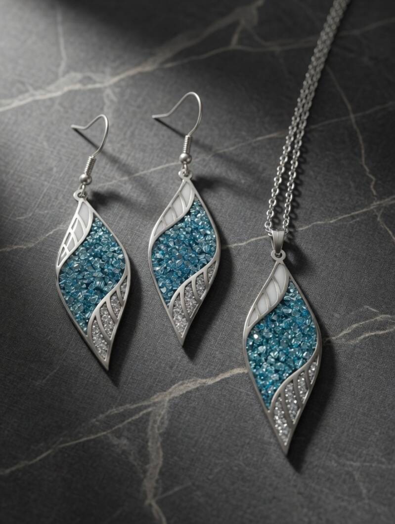 Schmuckset weiß/silber Glitter und türkise Steine