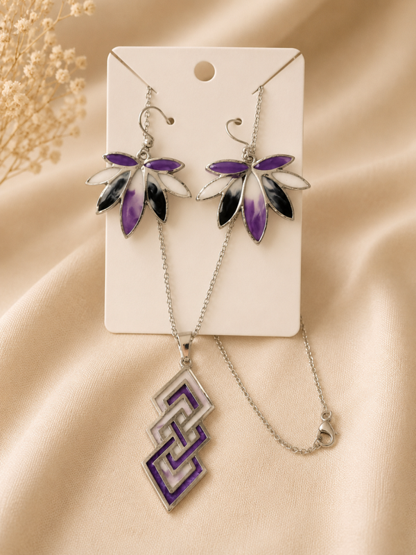 Edelstahl-Schmuckset „Purple Blossom & Geometry“ mit Harz-Intarsien
