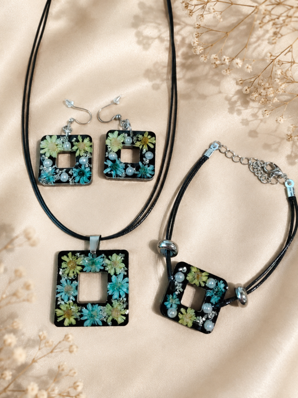 3-teiliges Statement-Schmuckset „Summer Meadow“ mit echten Blüten & Perlen