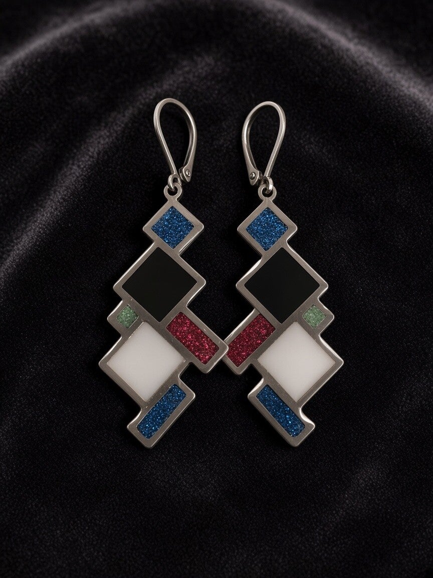 Mondrian Mosaic – Kunstvolle Statement-Ohrringe aus Harz & Edelstahl