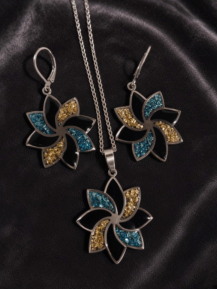 Midnight Pinwheel – Florales Schmuckset aus Edelstahl & Kunstharz