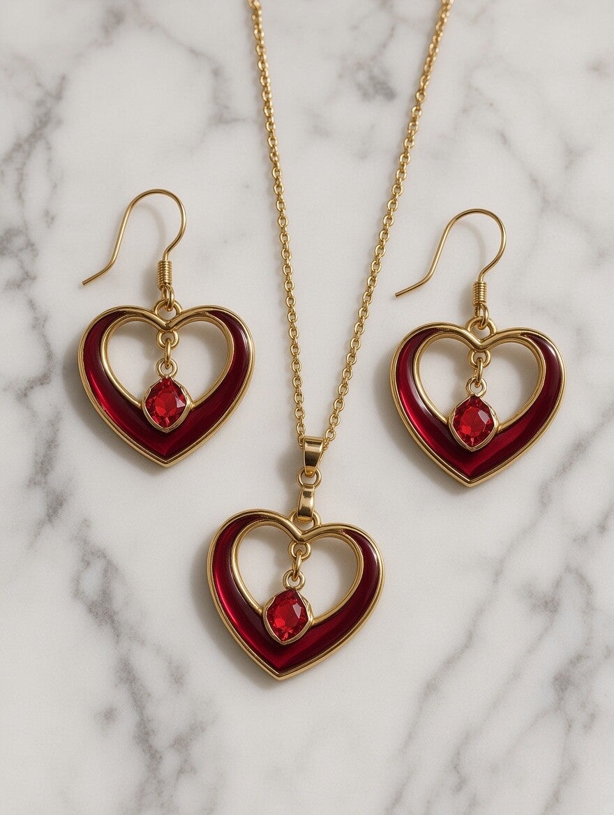Rubin-Herz – Edles Schmuckset in Gold & Dunkelrot