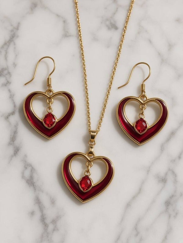 Rubin-Herz – Edles Schmuckset in Gold & Dunkelrot