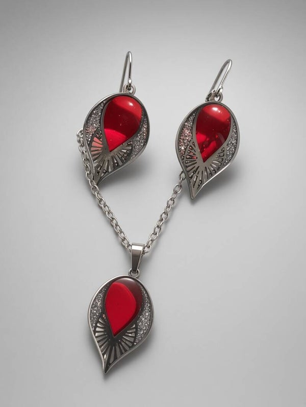 Elegantes Set: Edles Schmuckset aus Edelstahl & tiefrotem Harz