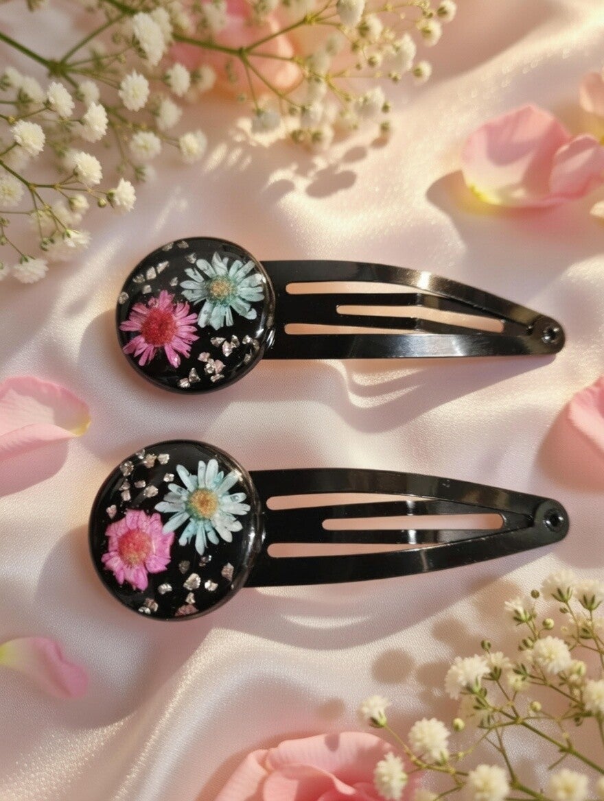 Haarspangen-Set „Echte Blüten“ – Schwarz