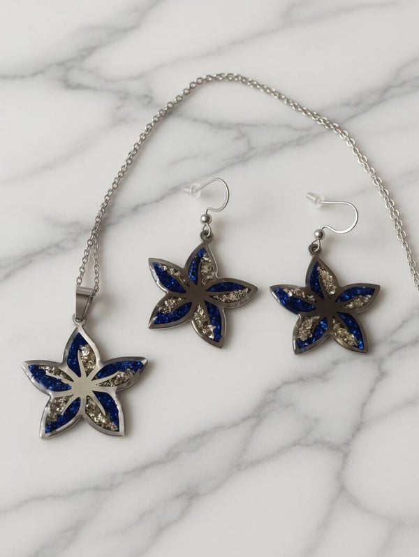 Sternenleuchten: Edelstahl-Schmuckset in Saphirblau & Silber