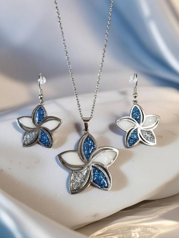 Ocean Bloom: Edles Edelstahl-Schmuckset mit Frangipani-Blüten & Glitzer