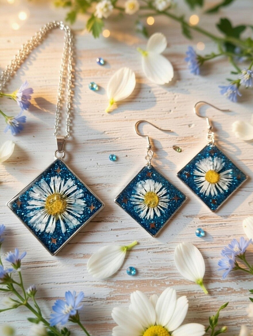Sternennacht & Gänseblümchen – Handgefertigtes Schmuckset aus Edelstahl