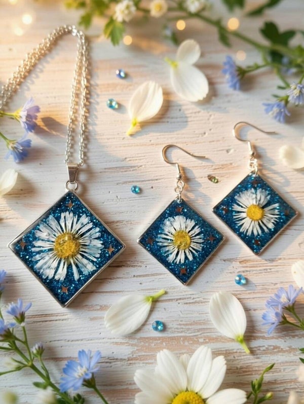 Sternennacht & Gänseblümchen – Handgefertigtes Schmuckset aus Edelstahl