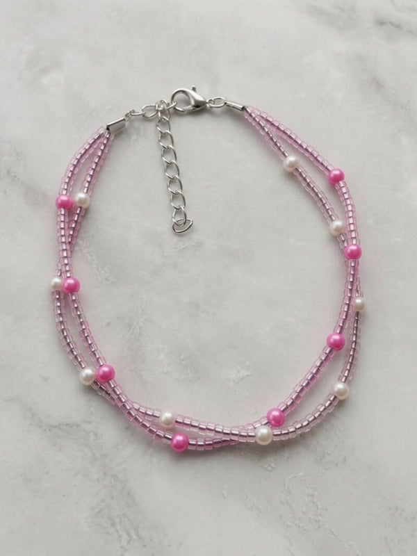 Pink Dream & Pearly Rose – Zweireihiges Fußkettchen mit rosa Glasperlen