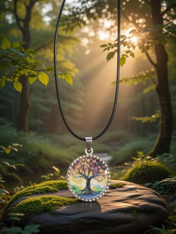 „Rainbow Spirit“ – Farbenfroher Lebensbaum-Anhänger an verstellbarem Lederband
