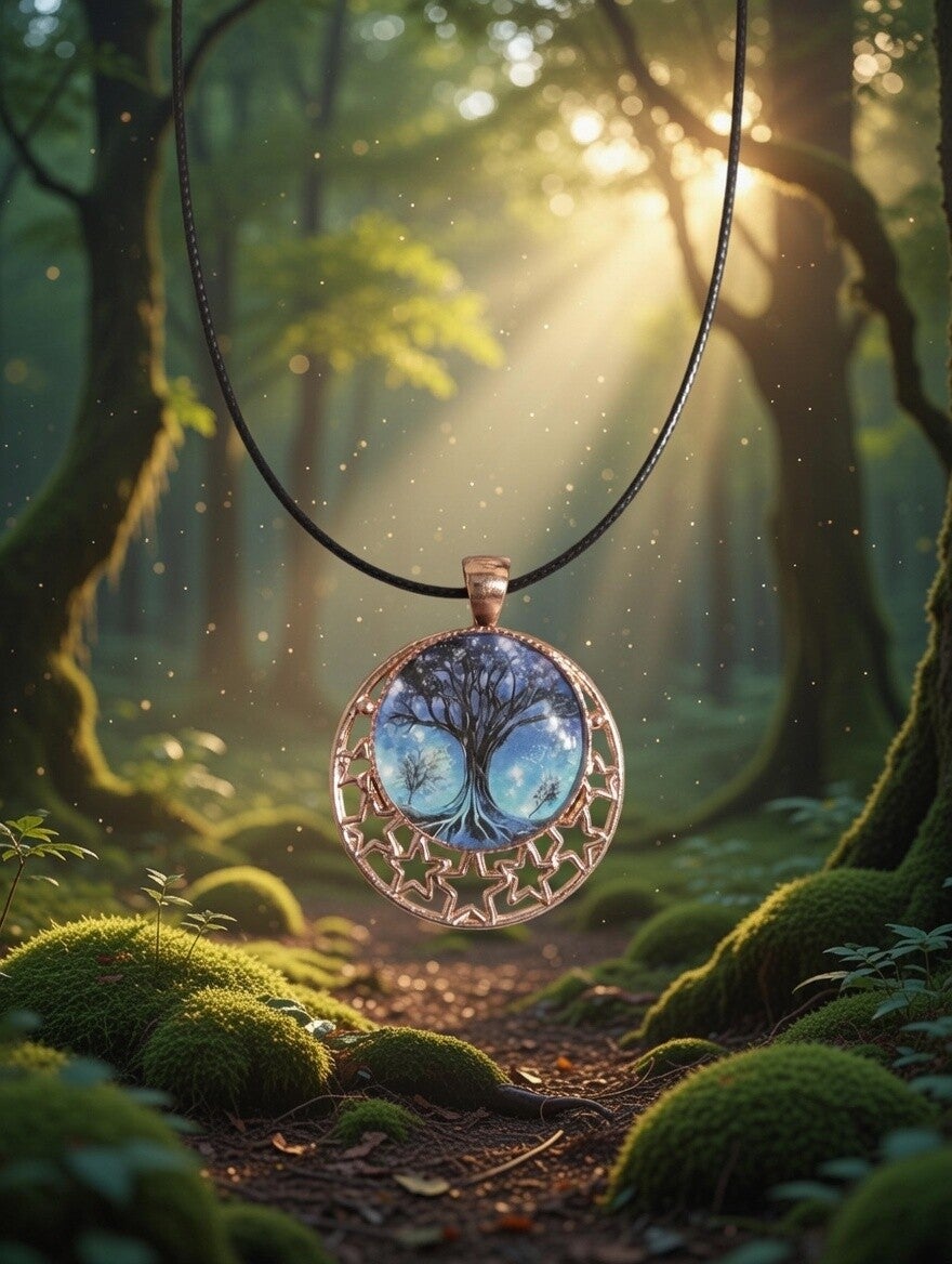 „Mystic Forest“ – Lebensbaum-Anhänger in Roségold mit Sternenkranz & Lederband
