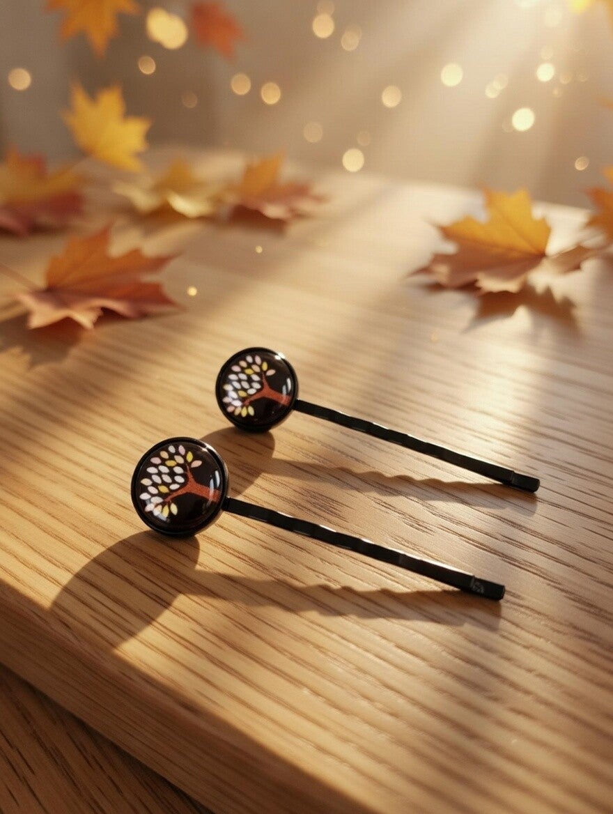 Schwarzes Haarnadel-Duo „Goldener Herbstbaum“ – 12mm Cabochon-Design