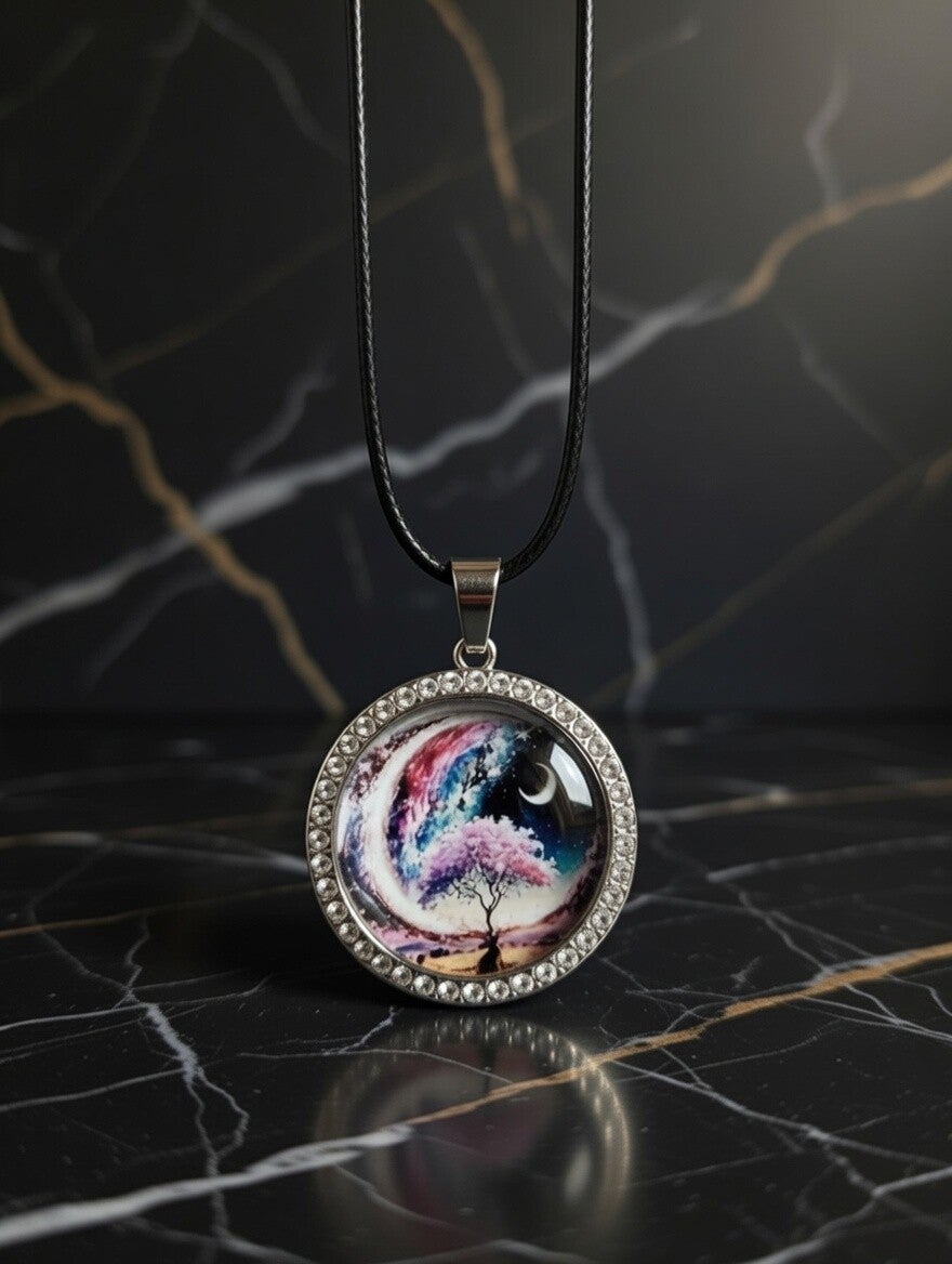 Edelstahl-Amulett „Magischer Weltenbaum“ – 25mm Cabochon mit Strass-Lünette