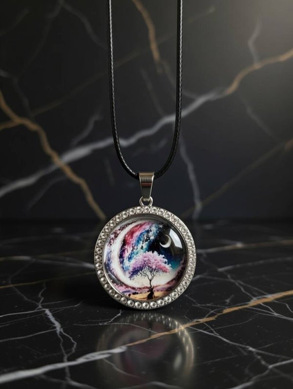 Edelstahl-Amulett „Magischer Weltenbaum“ – 25mm Cabochon mit Strass-Lünette