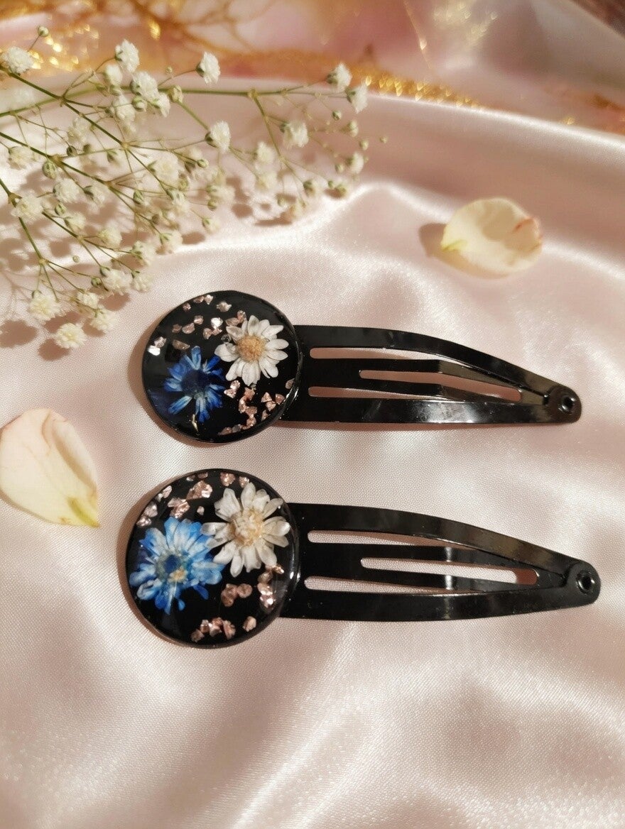 Haarspangen-Set „Echte Blüten“ – Schwarz