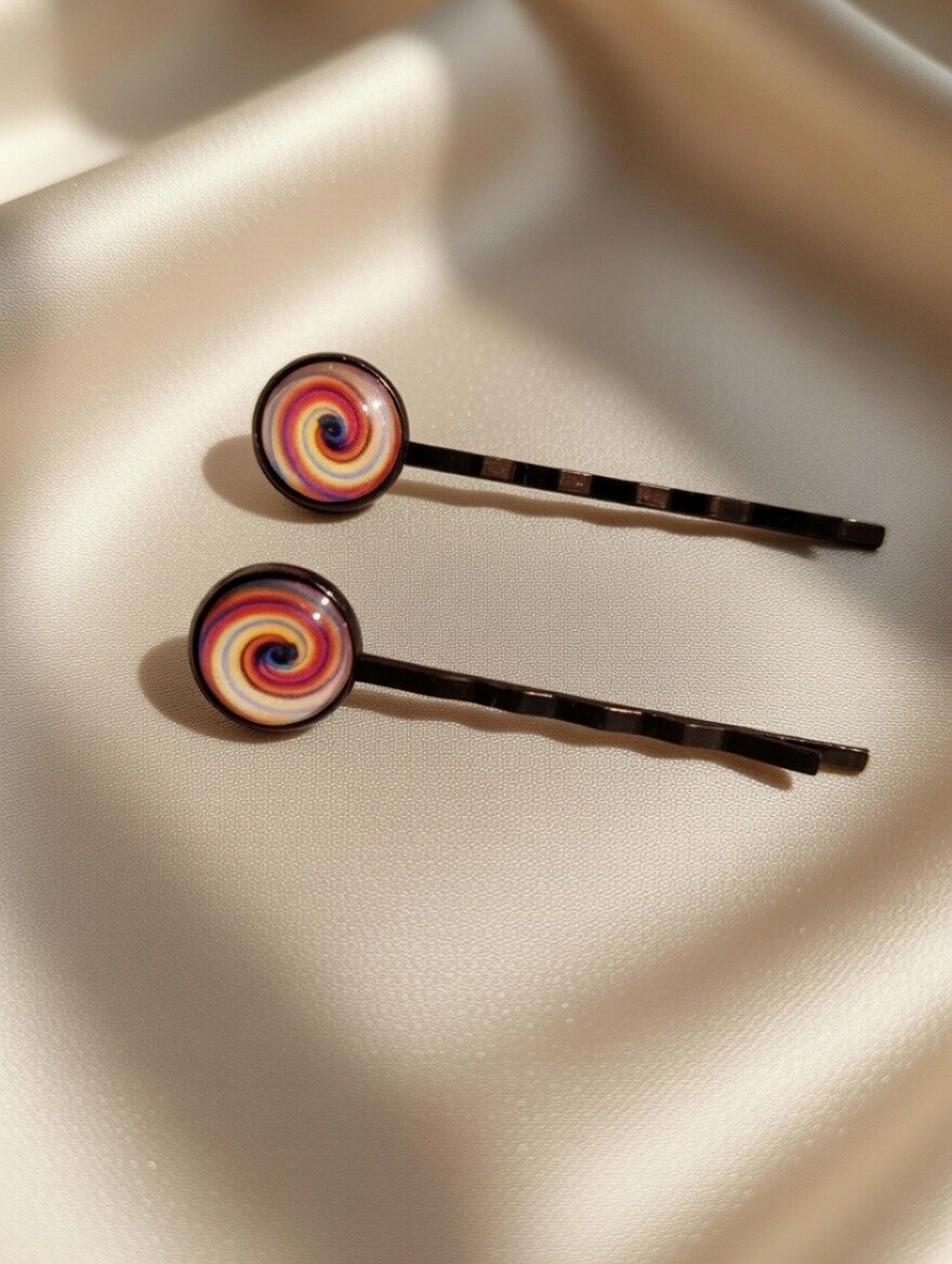 Schwarzes Haarnadel-Duo „Modern Swirl“ – 12mm Cabochons aus Edelstahl