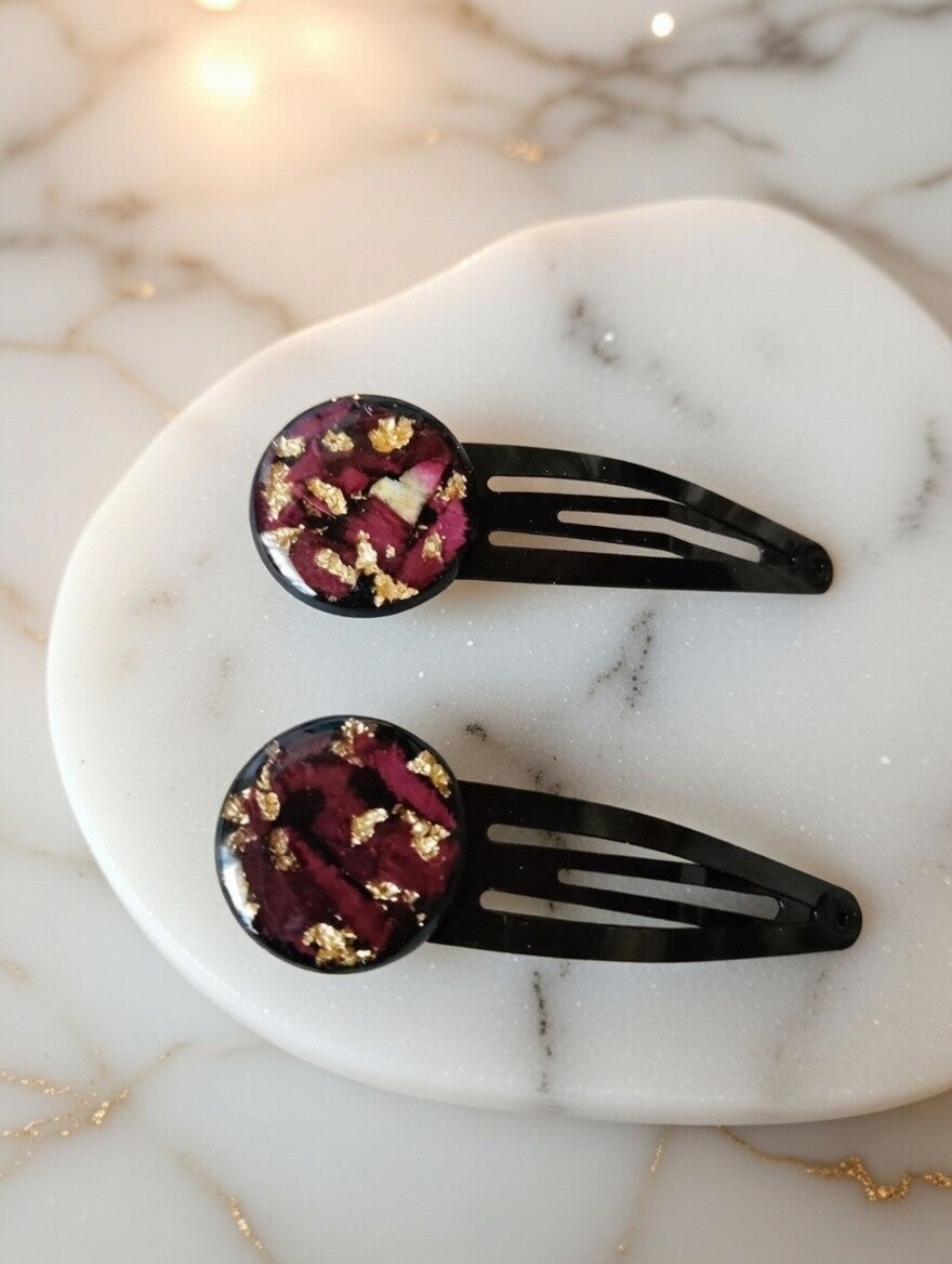 "Midnight Rose" Haarklammern – Echte Rosen & Blattgold