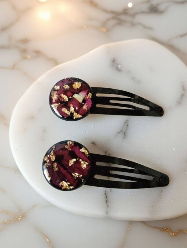 "Midnight Rose" Haarklammern – Echte Rosen & Blattgold