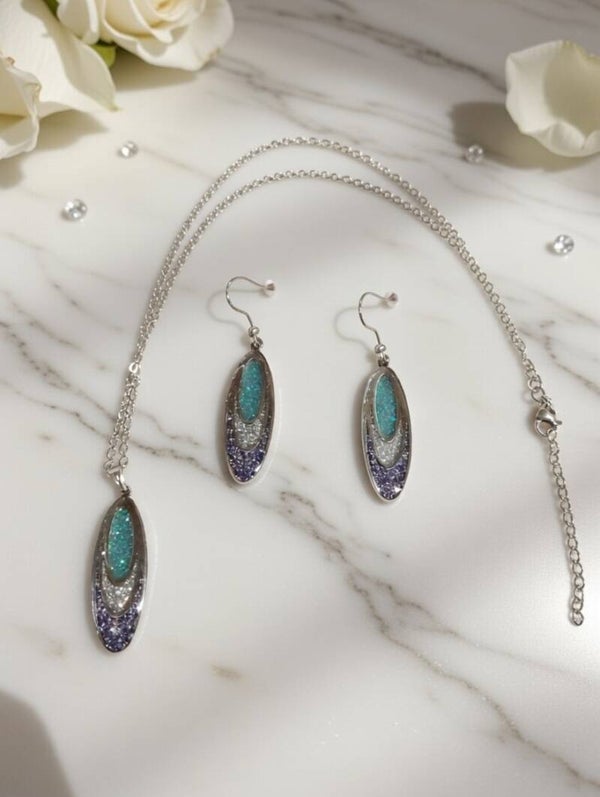 „Triple Sparkle“ Edelstahl-Set – Funkelndes Trio in Türkis, Silber & Violett